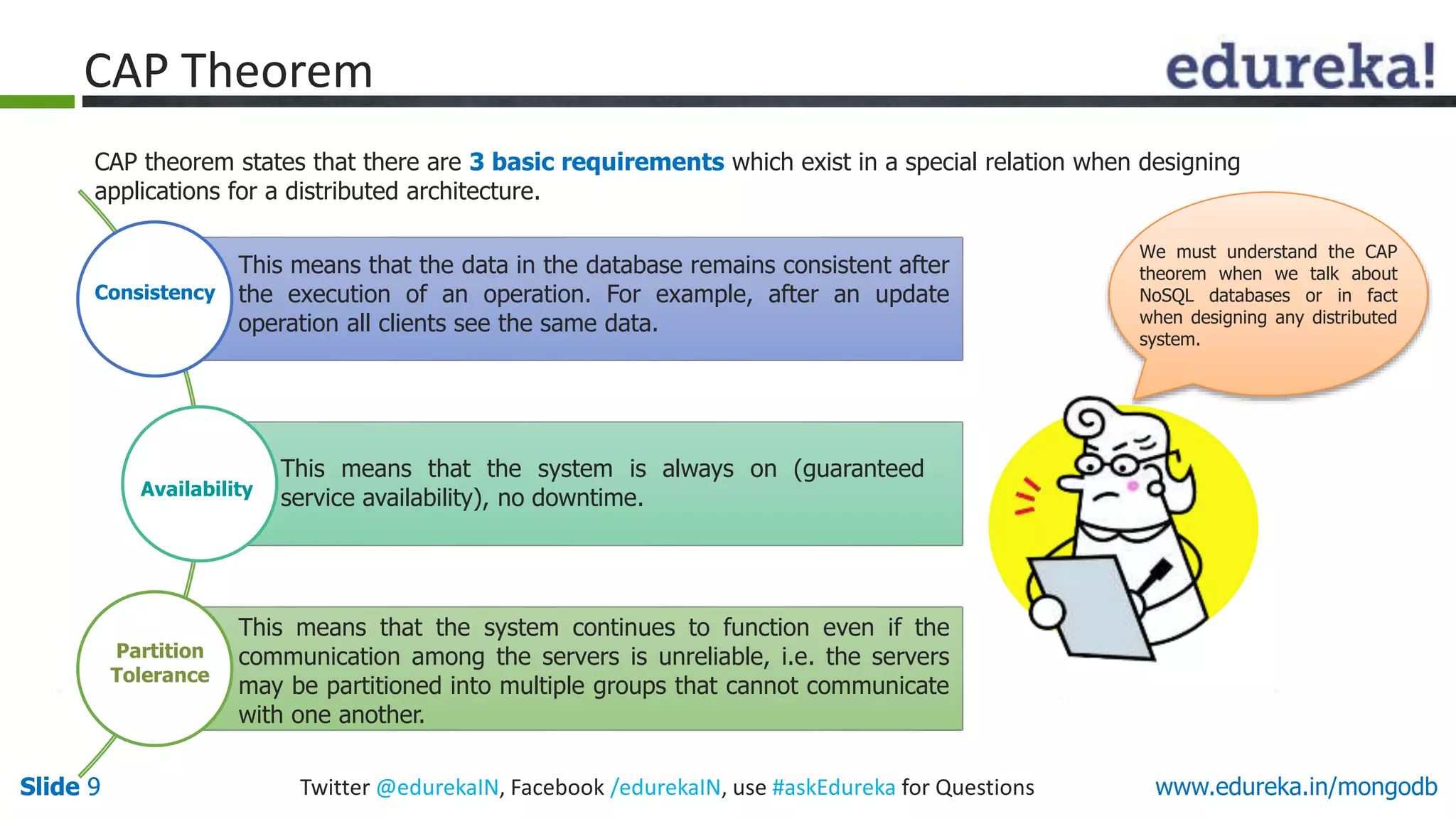 Slide 9 Twitter @edurekaIN, Facebook /edurekaIN, use #askEdureka for QuestionsSlide 9 www.edureka.in/mongodb
CAP
We must understand the CAP
theorem when we talk about
NoSQL databases or in fact
when designing any distributed
system.
CAP theorem states that there are 3 basic requirements which exist in a special relation when designing
applications for a distributed architecture.
Consistency
Availability
Partition
Tolerance
CAP Theorem
This means that the system is always on (guaranteed
service availability), no downtime.
This means that the system continues to function even if the
communication among the servers is unreliable, i.e. the servers
may be partitioned into multiple groups that cannot communicate
with one another.
This means that the data in the database remains consistent after
the execution of an operation. For example, after an update
operation all clients see the same data.
 