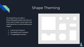Shape Theming
The shape library provides a
MaterialShapeDrawable class that can
draw custom shapes, draws itself using
a path generator to easily building new
shapes:
❏ CutCornerTreatment
❏ RoundedCornerTreatment
❏ TriangleEdgeTreatment
 