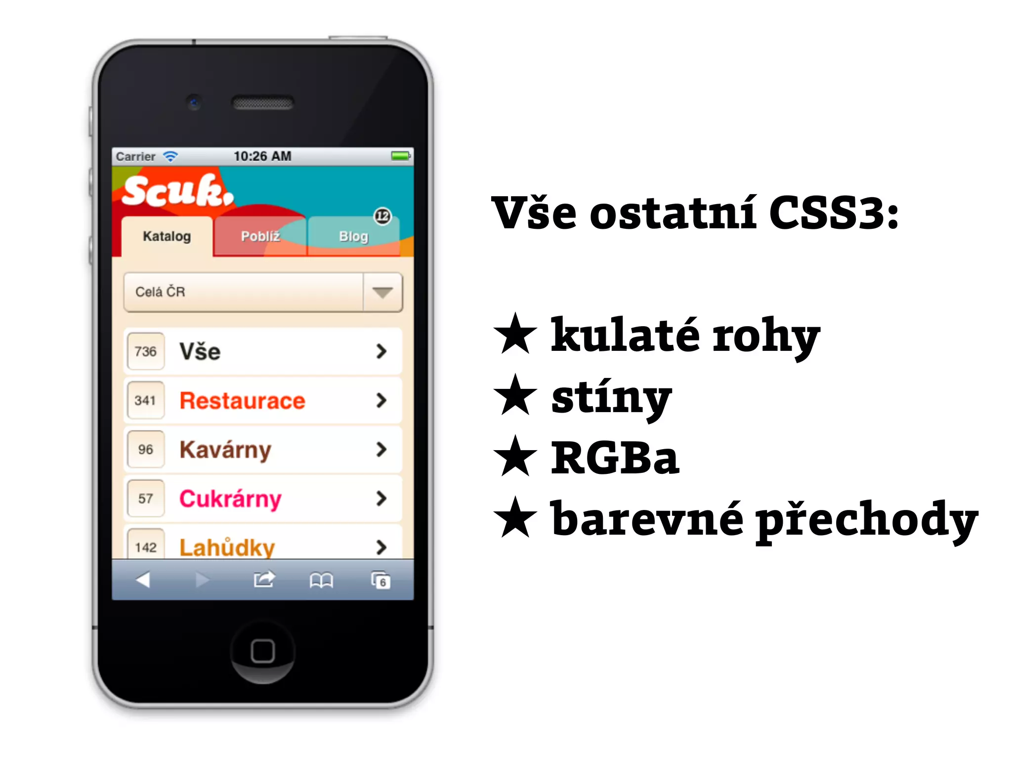 Vše ostatní CSS3:

★ kulaté rohy
★ stíny
★ RGBa
★ barevné přechody
 
