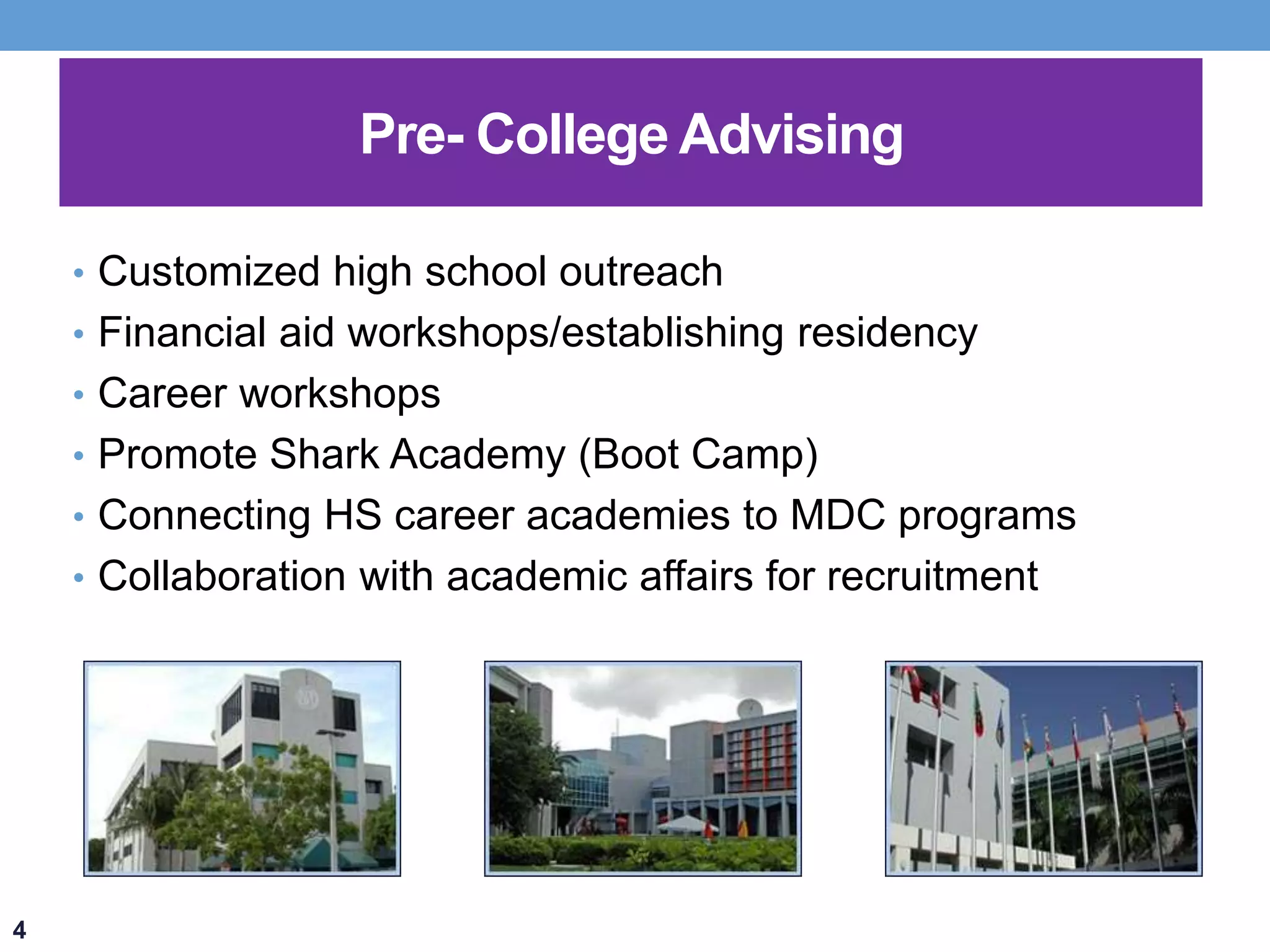 Pre- College Advising 
• Customized high school outreach 
• Financial aid workshops/establishing residency 
• Career workshops 
• Promote Shark Academy (Boot Camp) 
• Connecting HS career academies to MDC programs 
• Collaboration with academic affairs for recruitment 
4 
 