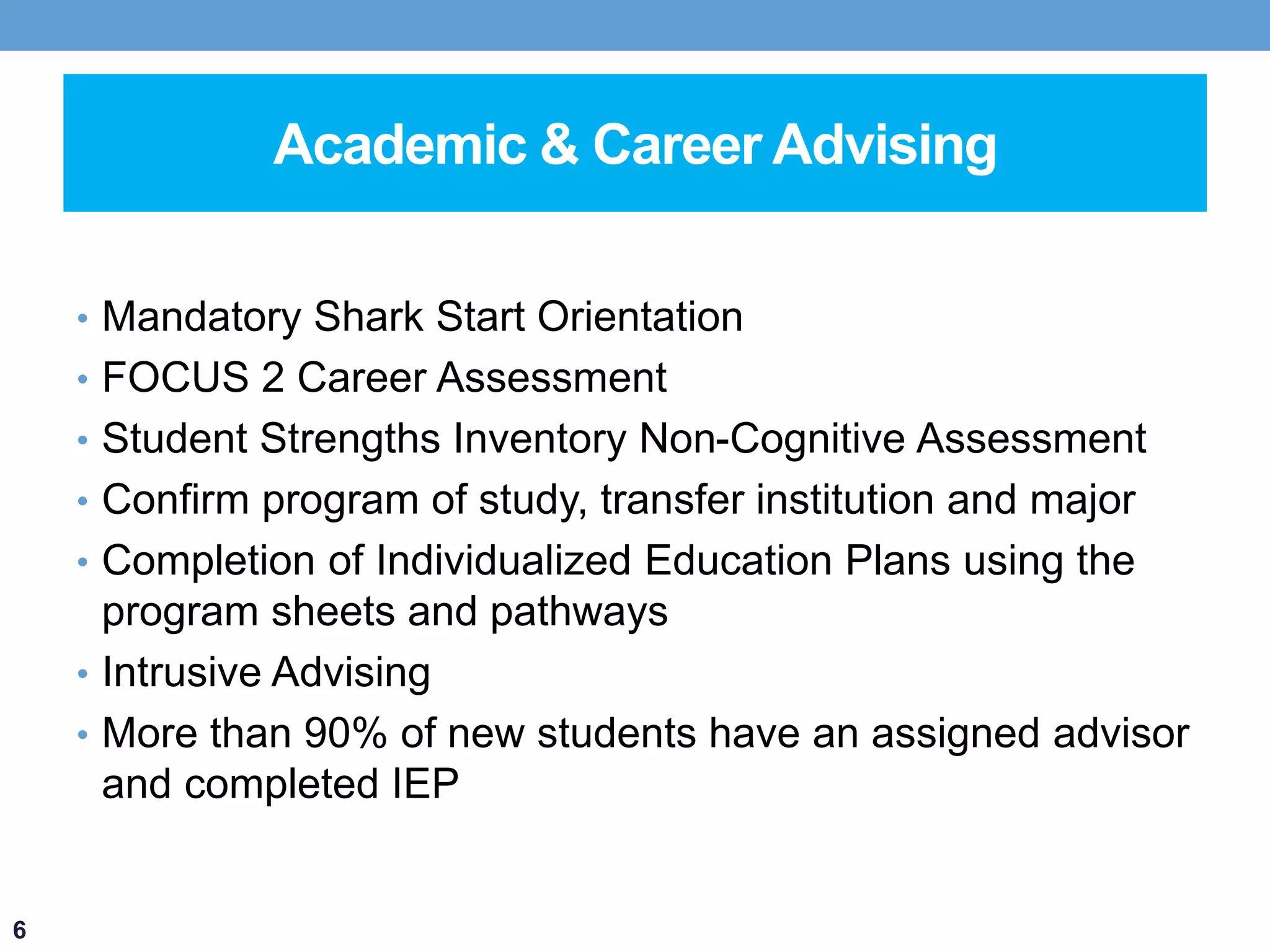 Academic & Career Advising 
• Mandatory Shark Start Orientation 
• FOCUS 2 Career Assessment 
• Student Strengths Inventory Non-Cognitive Assessment 
• Confirm program of study, transfer institution and major 
• Completion of Individualized Education Plans using the 
program sheets and pathways 
• Intrusive Advising 
• More than 90% of new students have an assigned advisor 
and completed IEP 
6 
 