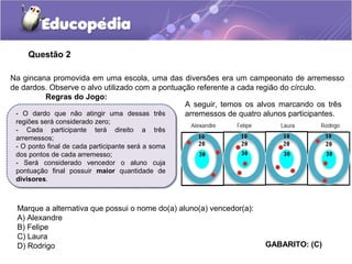 Questão 2
Na gincana promovida em uma escola, uma das diversões era um campeonato de arremesso
de dardos. Observe o alvo utilizado com a pontuação referente a cada região do círculo.
Regras do Jogo:
- O dardo que não atingir uma dessas três
regiões será considerado zero;
- Cada participante terá direito a três
arremessos;
- O ponto final de cada participante será a soma
dos pontos de cada arremesso;
- Será considerado vencedor o aluno cuja
pontuação final possuir maior quantidade de
divisores.
A seguir, temos os alvos marcando os três
arremessos de quatro alunos participantes.
Marque a alternativa que possui o nome do(a) aluno(a) vencedor(a):
A) Alexandre
B) Felipe
C) Laura
D) Rodrigo GABARITO: (C)
 