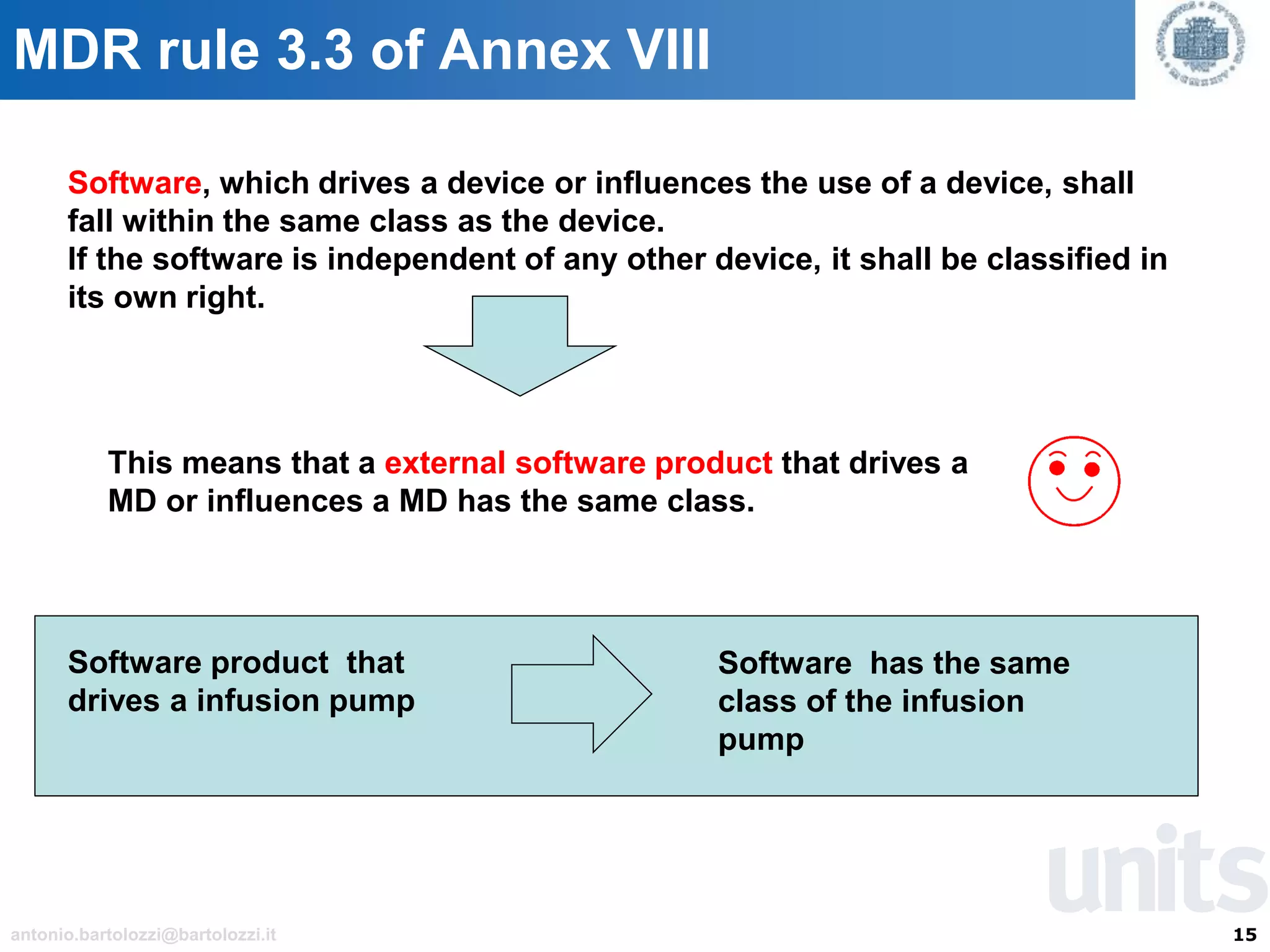 15antonio.bartolozzi@bartolozzi.it
MDR rule 3.3 of Annex VIII
Software, which drives a device or influences the use of a device, shall
fall within the same class as the device.
If the software is independent of any other device, it shall be classified in
its own right.
This means that a external software product that drives a
MD or influences a MD has the same class.
Software product that
drives a infusion pump
Software has the same
class of the infusion
pump
 