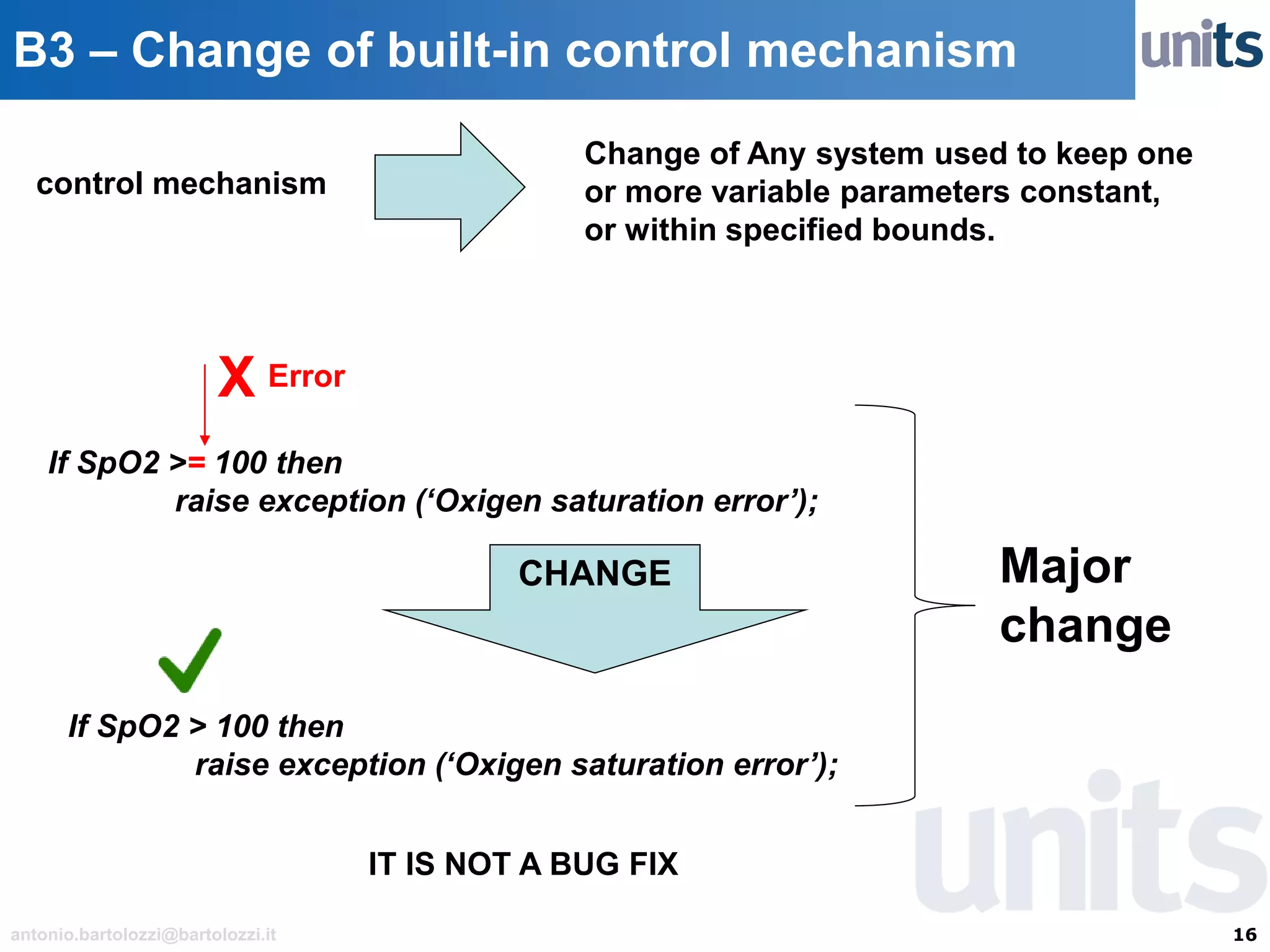 16antonio.bartolozzi@bartolozzi.it
B3 – Change of built-in control mechanism
Change of Any system used to keep one
or more variable parameters constant,
or within specified bounds.
If SpO2 >= 100 then
raise exception (‘Oxigen saturation error’);
Error
CHANGE
If SpO2 > 100 then
raise exception (‘Oxigen saturation error’);
X
Major
change
IT IS NOT A BUG FIX
control mechanism
 
