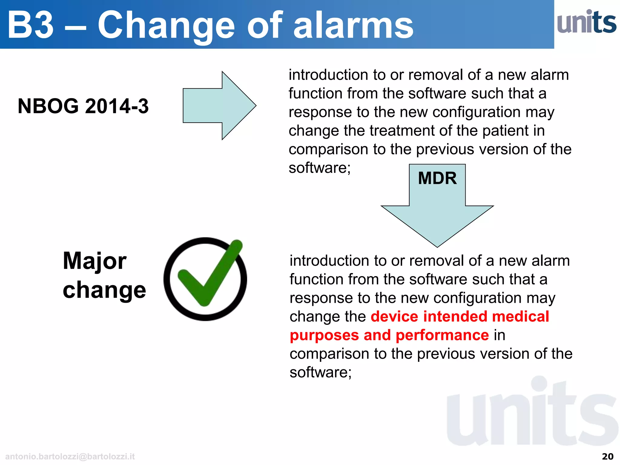 20antonio.bartolozzi@bartolozzi.it
B3 – Change of alarms
introduction to or removal of a new alarm
function from the software such that a
response to the new configuration may
change the treatment of the patient in
comparison to the previous version of the
software;
NBOG 2014-3
Major
change
introduction to or removal of a new alarm
function from the software such that a
response to the new configuration may
change the device intended medical
purposes and performance in
comparison to the previous version of the
software;
MDR
 