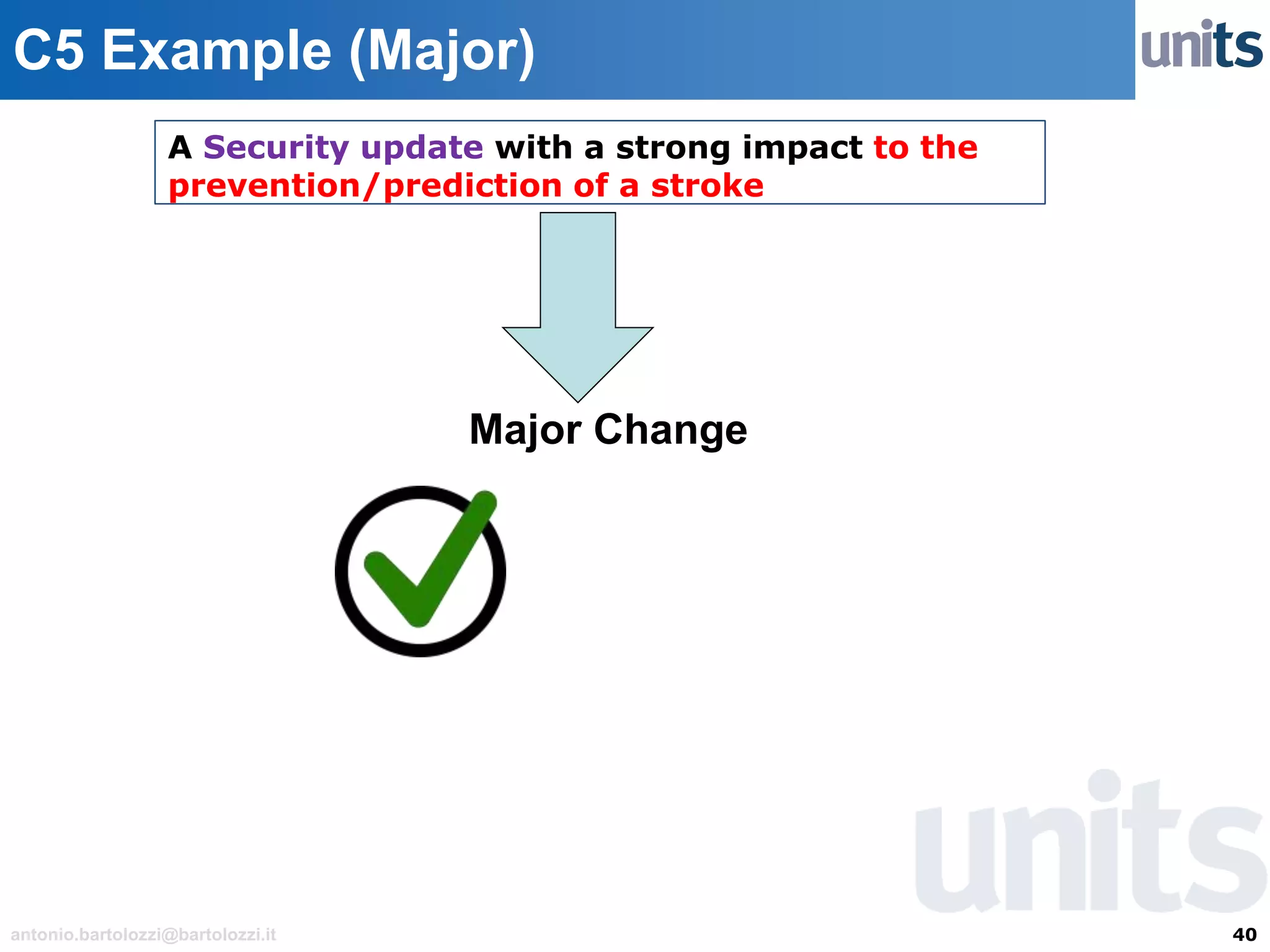 40antonio.bartolozzi@bartolozzi.it
C5 Example (Major)
Major Change
A Security update with a strong impact to the
prevention/prediction of a stroke
 
