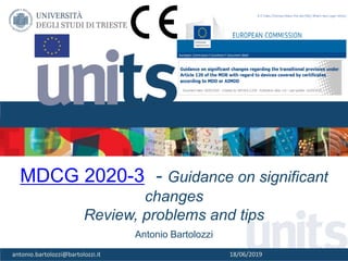 1
MDCG 2020-3 - Guidance on significant
changes
Review, problems and tips
Antonio Bartolozzi
antonio.bartolozzi@bartolozzi.it 18/06/2019
 