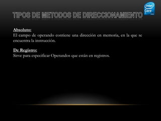 Absoluto:
El campo de operando contiene una dirección en memoria, en la que se
encuentra la instrucción.

De Registro:
Sirve para especificar Operandos que están en registros.
 