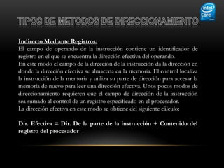 Indirecto Mediante Registros:
El campo de operando de la instrucción contiene un identificador de
registro en el que se encuentra la dirección efectiva del operando.
En este modo el campo de la dirección de la instrucción da la dirección en
donde la dirección efectiva se almacena en la memoria. El control localiza
la instrucción de la memoria y utiliza su parte de dirección para accesar la
memoria de nuevo para leer una dirección efectiva. Unos pocos modos de
direccionamiento requieren que el campo de dirección de la instrucción
sea sumado al control de un registro especificado en el procesador.
La dirección efectiva en este modo se obtiene del siguiente cálculo:

Dir. Efectiva = Dir. De la parte de la instrucción + Contenido del
registro del procesador
 