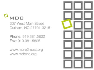 307 West Main Street
Durham, NC 27701-3215

Phone: 919.381.5802
Fax: 919.381.5805

www.more2most.org
www.mdcinc.org
 