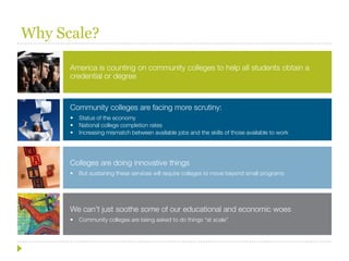 Why Scale?

      America is counting on community colleges to help all students obtain a
      credential or degree



      Community colleges are facing more scrutiny:
      •   Status of the economy
      •   National college completion rates
      •   Increasing mismatch between available jobs and the skills of those available to work




      Colleges are doing innovative things
      •   But sustaining these services will require colleges to move beyond small programs




      We can’t just soothe some of our educational and economic woes
      •   Community colleges are being asked to do things “at scale”
 