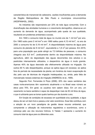 21
característica de manancial de cabeceira, vazões insuficientes para a demanda
da Região Metropolitana de São Paulo e municípios circunvizinhos
(HESPANHOL, 2002).
As indústrias são responsáveis por 22% de toda água consumida. Com a
diversificação das atividades humanas e o crescimento demográfico, observa-se um
aumento da demanda de água, acompanhado pela queda de sua qualidade,
resultando em problemas ambientais e sociais.
Em 1940 o consumo total de água no mundo era de 1 mil km3
por ano.
Em 1960 subiu para 2 mil km3
e em 1990 saltou para 4,13 mil km3
, no ano de
2000 o consumo foi de 5,19 mil km3
. A disponibilidade máxima de água para
consumo do planeta de 9 mil km3
, equivalente a 1,8 m3
por pessoa. Em 2015,
para uma população que pode atingir os 7,5 bilhões de pessoas, o consumo
chegaria aos 8,5 km3
, praticamente dentro da disponibilidade máxima. Na
agricultura, além da degradação das águas decorrentes dos adubos e os
pesticidas intensamente utilizados, o desperdício de água é muito grande.
Apenas 40% da água desviada são efetivamente utilizada na irrigação. Os
outros 60 % são desperdiçados, porque se aplica água em excesso; se aplica
fora do período de necessidade da planta; em horários de maior evaporação do
dia; pelo uso de técnicas de irrigação inadequadas; ou, ainda, pela falta de
manutenção nesses sistemas de irrigação (ANDREOLI et al., 1999).
Segundo Fiori, Fernandes & Pizzo (2006), 20% dos vasos sanitários das
casas norte-americanas têm vazamento atualmente e no Brasil esse número se
eleva para 70%. Em geral, os usuários nem sabem disso. Em um ano, um
vazamento na bacia sanitária é capaz de desperdiçar mais de 83 mil litros de água,
o que é suficiente para se tomar quatro banhos por dia durante o ano.
Em função de condições de escassez em quantidade e/ou qualidade, a água
deixou de ser um bem livre e passou a ter valor econômico. Esse fato contribuiu com
a adoção de um novo paradigma de gestão desse recurso ambiental, que
compreende a utilização de instrumentos regulatórios e econômicos, como a
cobrança pelo uso dos recursos hídricos. A Tabela 1 apresenta o aumento do
consumo total de água para os diferentes usos.
 