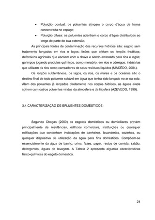24
• Poluição pontual: os poluentes atingem o corpo d’água de forma
concentrada no espaço;
• Poluição difusa: os poluentes adentram o corpo d’água distribuídos ao
longo de parte de sua extensão.
As principais fontes de contaminação dos recursos hídricos são: esgoto sem
tratamento lançados em rios e lagos; lixões que afetam os lençóis freáticos;
defensivos agrícolas que escoam com a chuva e sendo arrastado para rios e lagos;
garimpos jogando produtos químicos, como mercúrio, em rios e córregos; indústrias
que utilizam os rios como carreadores de seus resíduos líquidos (MACÊDO, 2004).
Os lençóis subterrâneos, os lagos, os rios, os mares e os oceanos são o
destino final de todo poluente solúvel em água que tenha sido lançado no ar ou solo.
Além dos poluentes já lançados diretamente nos corpos hídricos, as águas ainda
sofrem com outros poluentes vindos da atmosfera e da litosfera (AZEVEDO, 1999).
3.4 CARACTERIZAÇÃO DE EFLUENTES DOMÉSTICOS
Segundo Chagas (2000) os esgotos domésticos ou domiciliares provém
principalmente de residências, edifícios comerciais, instituições ou quaisquer
edificações que contenham instalações de banheiros, lavanderias, cozinhas, ou
qualquer dispositivo de utilização da água para fins domésticos. Compõem-se
essencialmente da água de banho, urina, fezes, papel, restos de comida, sabão,
detergentes, águas de lavagem. A Tabela 2 apresenta algumas características
físico-químicas do esgoto domestico.
 