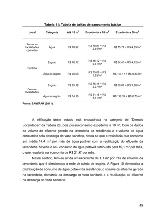 49
Tabela 11: Tabela de tarifas de saneamento básico
Local Categoria Até 10 m
3
Excedente a 10 m
3
Excedente a 30 m
3
Todas as
localidades
operadas
Água R$ 18,97
R$ 18,97 + R$
2,84/m³
R$ 75,77 + R$ 4,85/m³
Curitiba
Esgoto R$ 16,12
R$ 16,12 + R$
2,41/m³
R$ 64,40 + R$ 4,12/m³
Água e esgoto R$ 35,09
R$ 35,09 + R$
5,25/m³
R$ 140,17 + R$ 8,87/m³
Demais
localidades
Esgoto R$ 15,18
R$ 15,18 + R$
2,27/m³
R$ 60,62 + R$ 3,88/m³
Água e esgoto R$ 34,15
R$ 34,15 + R$
5,11/m³
R$ 136,39 + R$ 8,73/m³
Fonte: SANEPAR (2011)
A edificação deste estudo está enquadrada na categoria de “Demais
Localidades” da Tabela 26, pois possui consumo excedente a 10 m³. Com os dados
do volume de efluente gerado na lavanderia da residência e o volume de água
consumida pela descarga do vaso sanitário, notou-se que a residência que consome
em média 14,4 m³ por mês de água potável com a reutilização do efluente da
lavanderia, haveria o seu consumo de água potável diminuído para 10,1 m³ por mês,
o que resultaria na economia de R$ 21,97 por mês.
Nesse sentido, tem-se ainda um excedente de 1,1 m³ por mês de efluente da
lavanderia, que é direcionado a rede de coleta de esgoto. A Figura 10 demonstra a
distribuição de consumo de água potável da residência, o volume de efluente gerado
na lavanderia, demanda da descarga do vaso sanitário e a reutilização do efluente
na descarga do vaso sanitário.
 