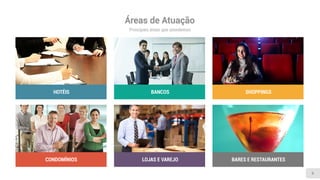Áreas de Atuação
Principais áreas que atendemos
6
HOTÉIS BANCOS SHOPPINGS
CONDOMÍNIOS LOJAS E VAREJO BARES E RESTAURANTES
 