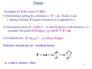 4
Forces
Examples of F (F vector; F=|F|) :
1) Stretching a spring by a distance x: F= -fx, Hook’s Law
f- spring constant. F negative because it is opposite to x.
2) Gravitation force: F= kMm/r2 - m and M masses with distance r; k -
constant. On earth (R,M large), g=kM/R2  F=mg
3) Coulomb law: F=kq1q2/r2 , q1 and q2 charges.
Newton’s second law (F - resultant force):
a, v, and x vectors; t time
2
2
dt
d
m
dt
d
m
m
x
v
a
F 


 