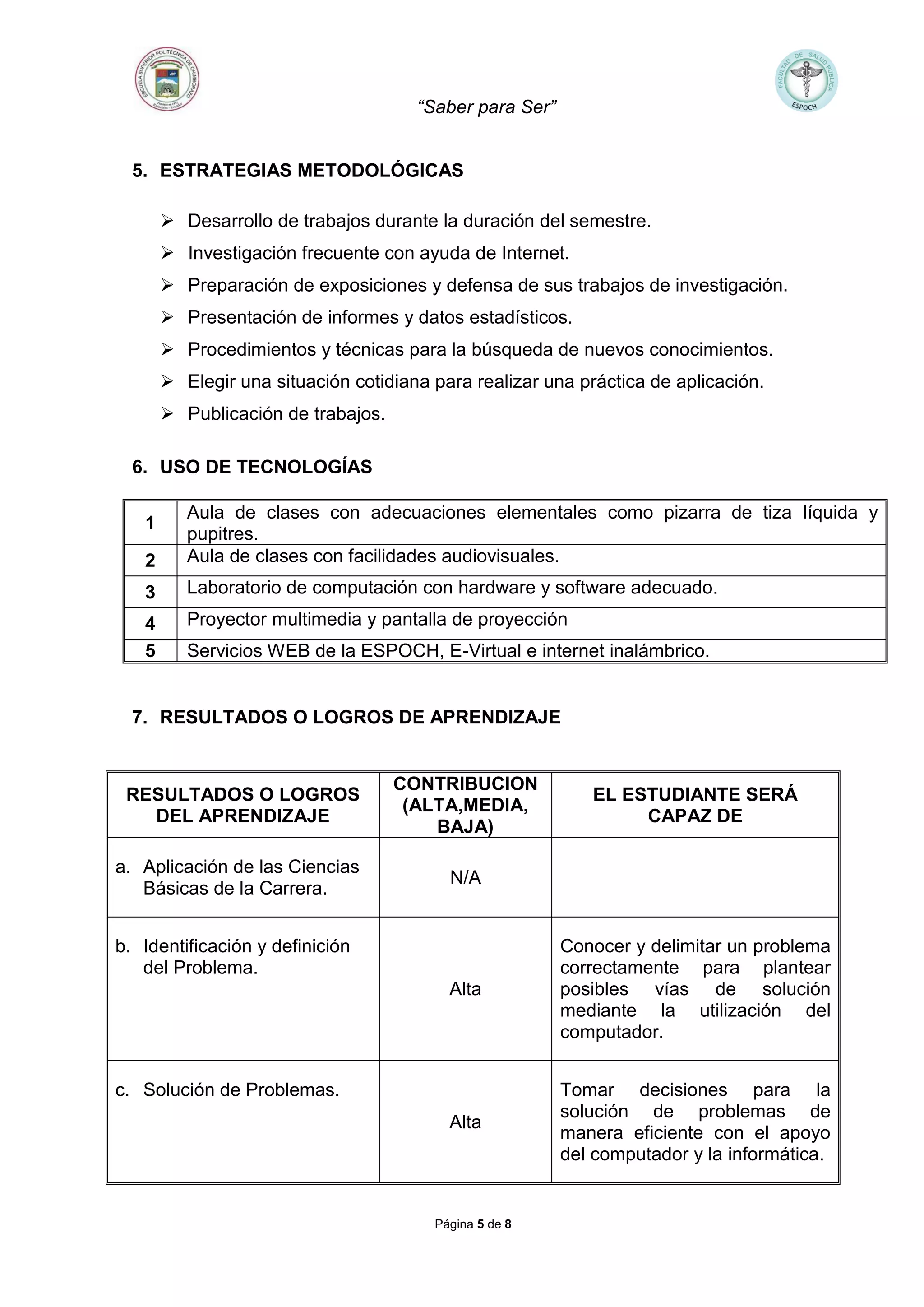 “Saber para Ser”
Página 5 de 8
5. ESTRATEGIAS METODOLÓGICAS
 Desarrollo de trabajos durante la duración del semestre.
 Investigación frecuente con ayuda de Internet.
 Preparación de exposiciones y defensa de sus trabajos de investigación.
 Presentación de informes y datos estadísticos.
 Procedimientos y técnicas para la búsqueda de nuevos conocimientos.
 Elegir una situación cotidiana para realizar una práctica de aplicación.
 Publicación de trabajos.
6. USO DE TECNOLOGÍAS
1
Aula de clases con adecuaciones elementales como pizarra de tiza líquida y
pupitres.
2 Aula de clases con facilidades audiovisuales.
3 Laboratorio de computación con hardware y software adecuado.
4 Proyector multimedia y pantalla de proyección
5 Servicios WEB de la ESPOCH, E-Virtual e internet inalámbrico.
7. RESULTADOS O LOGROS DE APRENDIZAJE
RESULTADOS O LOGROS
DEL APRENDIZAJE
CONTRIBUCION
(ALTA,MEDIA,
BAJA)
EL ESTUDIANTE SERÁ
CAPAZ DE
a. Aplicación de las Ciencias
Básicas de la Carrera.
N/A
b. Identificación y definición
del Problema.
Alta
Conocer y delimitar un problema
correctamente para plantear
posibles vías de solución
mediante la utilización del
computador.
c. Solución de Problemas.
Alta
Tomar decisiones para la
solución de problemas de
manera eficiente con el apoyo
del computador y la informática.
 
