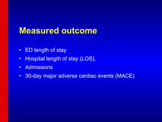 Measured outcome ED length of stay Hospital length of stay (LOS), Admissions 30-day major adverse cardiac events (MACE) 