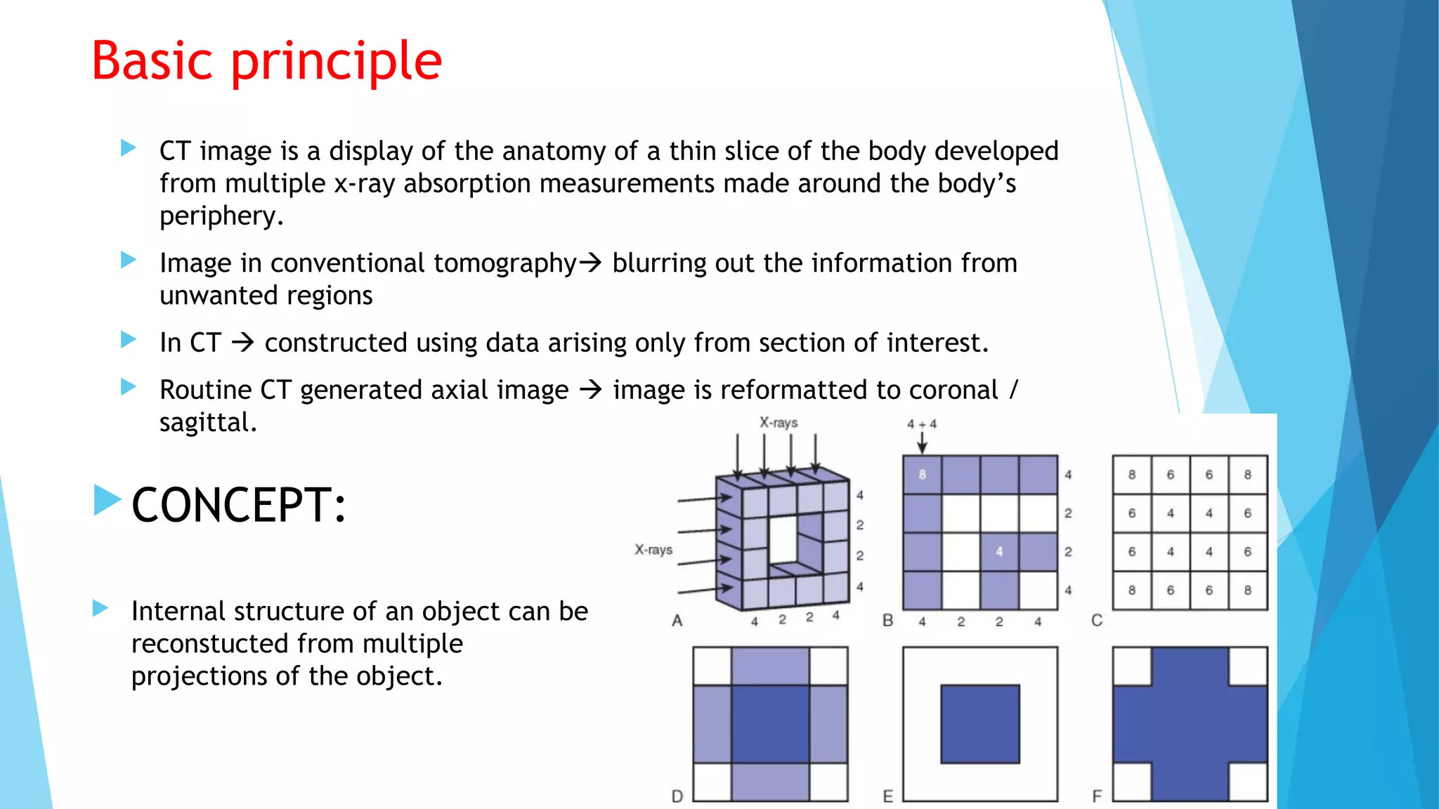 Basic principle
CONCEPT:
 Internal structure of an object can be
reconstucted from multiple
projections of the object.
 CT image is a display of the anatomy of a thin slice of the body developed
from multiple x-ray absorption measurements made around the body’s
periphery.
 Image in conventional tomography blurring out the information from
unwanted regions
 In CT  constructed using data arising only from section of interest.
 Routine CT generated axial image  image is reformatted to coronal /
sagittal.
 