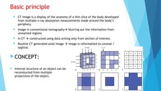 Basic principle
CONCEPT:
 Internal structure of an object can be
reconstucted from multiple
projections of the object.
 CT image is a display of the anatomy of a thin slice of the body developed
from multiple x-ray absorption measurements made around the body’s
periphery.
 Image in conventional tomography blurring out the information from
unwanted regions
 In CT  constructed using data arising only from section of interest.
 Routine CT generated axial image  image is reformatted to coronal /
sagittal.
 