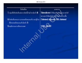 MD Chula 2010




                      ปจจัยเสี่ยง                                           มาตรการ
7. กลุมที่มีปจจัยเสี่ยงตอการติดเชื้อวัณโรค (หนา 8)   Tuberculin test ถาไดผลบวก ควรถายภาพรังสี




                                                                               y
                                                         ทรวงอก ถาผิดปกติ ควรจรวจเสมหะหาเชื้อ




                                                                    nl
8. ปจจัยเสี่ยงของภาวะหลอดเลือดแดงแข็ง และผูปวย Cholesterol, triglyceride, HDL cholesterol




                                                                   O
   ที่มีหลอดเลือดแดงแข็ง (หนา 7)
9. พฤติกรรมการเสี่ยงทางเพศ                               VDRL, Anti HIV




                                                         se
                               U
                            al
                          rn
                        te
                In
 