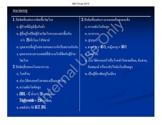 MD Chula 2010


หมายเหตุ
1. ปจจัยเสี่ยงตอการติดเชื้อวัณโรค                           3. ปจจัยเสี่ยงตอภาวะหลอดเลือดแดงแข็ง
   ก. ผูปวยที่มีภูมิคุมกันต่ํา                                ก. ความดันโลหิตสูง




                                                                                       y
                                                                         nl
   ข. ผูที่อยูใกลชิดผูปวยวัณโรคระยะแพรเชื้อเกิน            ข. เบาหวาน
      กวา 25 ชั่วโมง / สัปดาห                                  ค. สูบบุหรี่




                                                                        O
   ค. บุคลากรที่อยูในสถานสงเคราะหหรือสถานกักกัน                ง. ชายอายุ > 45 ป, หญิงอายุ > 50 ป




                                                            se
   ง. บุคลากรทางการแพทยที่ทํางานใกลชิดกับผูปวย               จ. โรคอวน
      วัณโรค                                                     ฉ. ประวัติครอบครัวเปนโรคหัวใจขาดเลือด, อัมพาต,
                                                                                                      ด, พาต,



                                     U
2. ปจจัยเสี่ยงของโรคเบาหวาน                                        อัมพฤกษ หรือระดับไขมันในเลือดสูง
   ก. โรคอวน                                                    ช. เปนผูที่อาศัยอยูในเมือง
                                  al
   ข. ประวัติครอบครัวสายตรงเปนเบาหวาน
                                rn
   ค. ความดันโลหิตสูง
                              te

   ง. HDL – C ต่ํากวา 35 มก./ดล.
                          มก./ดล.
                     In


      Triglyceride > 250 มก./ดล.
                         มก./ดล.
   จ. เคยมีประวัติ IGT, IFG
 