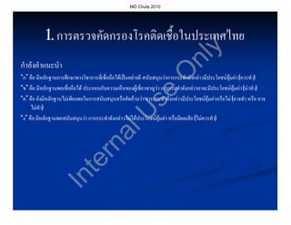 MD Chula 2010




           1. การตรวจคัดกรองโรคติดเชื้อในประเทศไทย




                                                                                  y
                                                                      nl
กําลังคําแนะนํา




                                                                     O
“ก” คือ มีหลักฐานการศึกษาทางวิชาการที่เชื่อถือไดเปนอยางดี สนับสนุนวาการกระทําดังกลาวมีประโยชนคุมคา (ควรทํา)
“ข” คือ มีหลักฐานพอเชื่อถือได ประกอบกับความเห็นของผูเชี่ยวชาญวา การกระทําดังกลาวอาจะมีประโยชนคุมคา (นาทํา)




                                                         se
“ค” คือ ยังมีหลักฐานไมเพียงพอในการสนับสนุนหรือคัดคานวา การกระทําดังกลาวมีประโยชนคุมคาหรือไม (อาจทํา หรือ อาจ
     ไมทํา)




                                 U
“ง” คือ มีหลักฐานพอสนับสนุนวา การกระทําดังกลาวไมไดประโยชนคุมคา หรือมีผลเสีย (ไมควรทํา)
                              al
                            rn
                          te
                  In
 