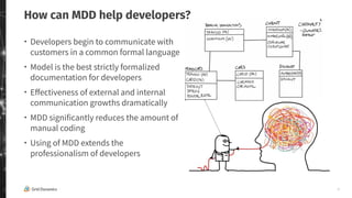 6
How can MDD help developers?
・ Developers begin to communicate with
customers in a common formal language
・ Model is the best strictly formalized
documentation for developers
・ Eﬀectiveness of external and internal
communication growths dramatically
・ MDD significantly reduces the amount of
manual coding
・ Using of MDD extends the
professionalism of developers
 