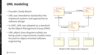7
UML modeling
・ Founder: Grady Booch
・ UML was intended to standardize the
notational systems and approaches to
software design
・ In 1997, UML was adopted as a standard
by the Object Management Group (OMG)
・ UML object class diagrams widely are
being used in requirements models more
focused on object-oriented software
engineering
Modern UML Object class diagram
 