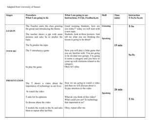 Adapted from University of Sussex 
Stages 
Procedure 
What I am going to do 
What I am going to say 
Instructions, CCQs, Feedback,etc 
Skill 
Time 
(min) 
Interaction 
T-Ss;Ss-Ss;etc 
LEAD-IN 
(warm up) 
PRESENTATION 
The Teacher starts the class greeting 
the group and introducing the theme. 
The teacher shows a ppt with some 
pictures and asks Ss to predict the 
topic 
The Ss predict the topic 
The T introduces a game 
Ss play the game 
The T shows a video about the 
importance of technology in our lives. 
Ss watch the video 
T asks for Ss opinions 
Ss discuss about the video 
T models the words to the Ss and asks 
them to repeat after her/him. 
Good morning Students, how are 
you today?” today we will start with 
a new topic. 
Students, look at these pictures. And 
tell me what you are thinking this 
lesson is going to be about? 
Now you will play a little game that 
you are familiar with. You are going 
to be divided into groups. I’m going 
to name a category and you have to 
come up with elements related to the 
category. 
Okey let’s play 
Now we are going to watch a video 
and then we will discuss about it. 
Ss pay attention to the video 
What do you think of this video? 
What could you see? Is technology 
that important to us? 
Okey, repeat after me. 
Listening 
Speaking 
Speaking 
15 min 
20 min 
T-Ss 
Ss-Ss 
T-Ss 
 