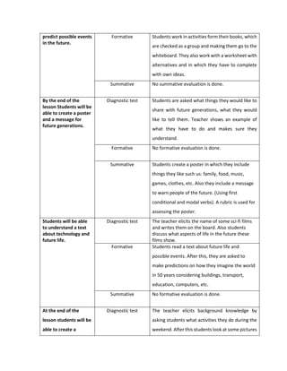 predict possible events in the future. 
Formative 
Students work in activities form their books, which are checked as a group and making them go to the whiteboard. They also work with a worksheet with alternatives and in which they have to complete with own ideas. 
Summative 
No summative evaluation is done. 
By the end of the lesson Students will be able to create a poster and a message for future generations. 
Diagnostic test 
Students are asked what things they would like to share with future generations, what they would like to tell them. Teacher shows an example of what they have to do and makes sure they understand. 
Formative 
No formative evaluation is done. 
Summative 
Students create a poster in which they include things they like such us: family, food, music, games, clothes, etc. Also they include a message to warn people of the future. (Using first conditional and modal verbs). A rubric is used for assessing the poster. 
Students will be able to understand a text about technology and future life. 
Diagnostic test 
The teacher elicits the name of some sci-fi films and writes them on the board. Also students discuss what aspects of life in the future these films show. 
Formative 
Students read a text about future life and possible events. After this, they are asked to make predictions on how they imagine the world in 50 years considering buildings, transport, education, computers, etc. 
Summative 
No formative evaluation is done. 
At the end of the lesson students will be able to create a 
Diagnostic test 
The teacher elicits background knowledge by asking students what activities they do during the weekend. After this students look at some pictures  