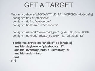 GET A TARGET
Vagrant.configure(VAGRANTFILE_API_VERSION) do |config|
config.vm.box = "precise64"
config.vm.define "webserver"
config.vm.hostname = "webserver"
config.vm.network "forwarded_port", guest: 80, host: 8080
config.vm.network "private_network", ip: "33.33.33.33"
config.vm.provision "ansible" do |ansible|
ansible.playbook = "playbook.yml"
ansible.inventory_path = "inventory.ini"
ansible.sudo = true
end
end
 
