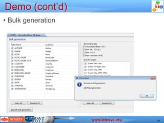 Demo (cont’d)
 • Bulk generation




                                                                                     www.telosys.org
Devoxx 2011 – Laurent Guérin – JAVA scaffolding with Telosys ( http://www.telosys.org )                49
 