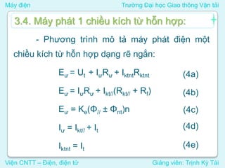 Máy điện Trường Đại học Giao thông Vận tải
Viện CNTT – Điện, điện tử Giảng viên: Trịnh Kỳ Tài
- Phương trình mô tả máy phát điện một
chiều kích từ hỗn hợp dạng rẽ ngắn:
Eư = Ut + IưRư + IktntRktnt
Eư = IưRư + Ikt//(Rkt// + Rf)
Eư = Ke(Φ// ± Φnt)n
Iư = Ikt// + It
Iktnt = It
3.4. Máy phát 1 chiều kích từ hỗn hợp:
(4a)
(4b)
(4c)
(4d)
(4e)
 