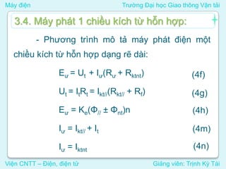 Máy điện Trường Đại học Giao thông Vận tải
Viện CNTT – Điện, điện tử Giảng viên: Trịnh Kỳ Tài
- Phương trình mô tả máy phát điện một
chiều kích từ hỗn hợp dạng rẽ dài:
Eư = Ut + Iư(Rư + Rktnt)
Ut = ItRt = Ikt//(Rkt// + Rf)
Eư = Ke(Φ// ± Φnt)n
Iư = Ikt// + It
Iư = Iktnt
3.4. Máy phát 1 chiều kích từ hỗn hợp:
(4f)
(4g)
(4h)
(4m)
(4n)
 