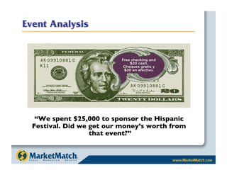 “We spent $25,000 to sponsor the Hispanic
Festival. Did we get our money’s worth from
                 that event?”
                            
 