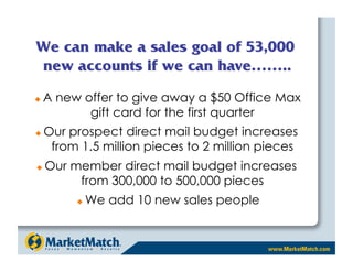     A new offer to give away a $50 Office Max
            gift card for the first quarter
    Our prospect direct mail budget increases
      from 1.5 million pieces to 2 million pieces
    Our member direct mail budget increases
          from 300,000 to 500,000 pieces
              We add 10 new sales people
 