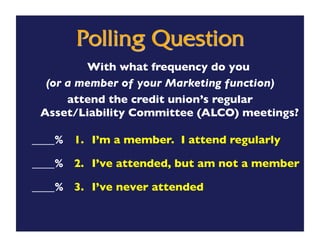 With what frequency do you 
  (or a member of your Marketing function) 
      attend the credit union’s regular 
 Asset/Liability Committee (ALCO) meetings?

____%
 1.  I’m a member. I attend regularly 

____%
 2.  I’ve attended, but am not a member

____%
 3.  I’ve never attended
 