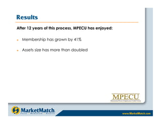 Results
After 12 years of this process, MPECU has enjoyed:

    Membership has grown by 41%

    Assets size has more than doubled
 