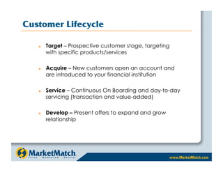 Customer Lifecycle

       Target – Prospective customer stage, targeting
        with specific products/services

       Acquire – New customers open an account and
        are introduced to your financial institution

       Service – Continuous On Boarding and day-to-day
        servicing (transaction and value-added)

       Develop – Present offers to expand and grow
        relationship
 