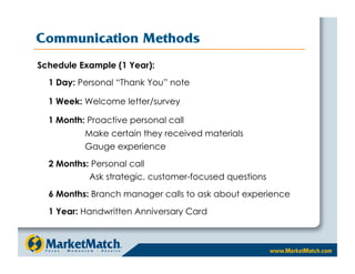 Communication Methods
 Schedule Example (1 Year):
   1 Day: Personal “Thank You” note

   1 Week: Welcome letter/survey

   1 Month: Proactive personal call
            Make certain they received materials
            Gauge experience
   2 Months: Personal call
            – Ask strategic, customer-focused questions
   6 Months: Branch manager calls to ask about experience
   1 Year: Handwritten Anniversary Card
 