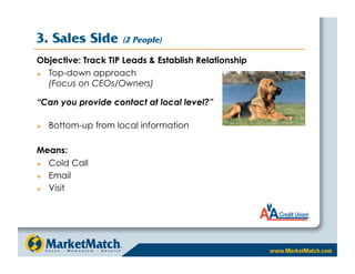 3. Sales Side        (2 People)

Objective: Track TIP Leads  Establish Relationship
  Top-down approach
   (Focus on CEOs/Owners)

“Can you provide contact at local level?”

    Bottom-up from local information

Means:
  Cold Call
  Email
  Visit
 