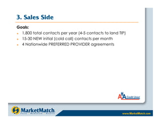 3. Sales Side
Goals:
  1,800 total contacts per year (4-5 contacts to land TIP)
  15-30 NEW initial (cold call) contacts per month
  4 Nationwide PREFERRED PROVIDER agreements
 