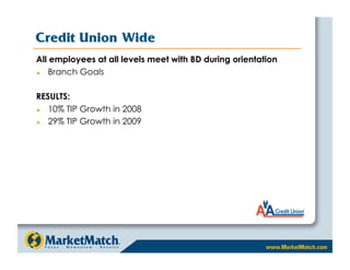 Credit Union Wide
All employees at all levels meet with BD during orientation
   Branch Goals

RESULTS:
  10% TIP Growth in 2008
  29% TIP Growth in 2009
 