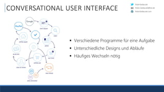 RobinSedlaczek
RobinSedlaczek.com
Robin.Sedlaczek@live.de
CONVERSATIONAL USER INTERFACE
 Verschiedene Programme für eine Aufgabe
 Unterschiedliche Designs und Abläufe
 Häufiges Wechseln nötig
 