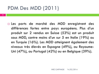 PDM Des MDD (2011)
14/02/2014IHEC CARTHAGE
11
 Les parts de marché des MDD enregistrent des
différences fortes entre pays européens. Plus d’un
produit sur 2 vendus en Suisse (53%) est un produit
sous MDD, contre moins d’un sur 5 en Italie (19%) ou
en Turquie (16%). Les MDD atteignent également des
niveaux très élevés en Espagne (49%), au Royaume-
Uni (47%), au Portugal (42%) ou en Belgique (39%).
 