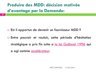Produire des MDD: décision motivée
d’avantage par la Demande:
14/02/2014IHEC CARTHAGE
27
 Est il opportun de devenir un fournisseur MDD ?
 Entre pouvoir et vouloir, cette période d’hésitation
stratégique a pris fin suite a la loi Galland 1996 qui
a agi comme accélérateur.
 
