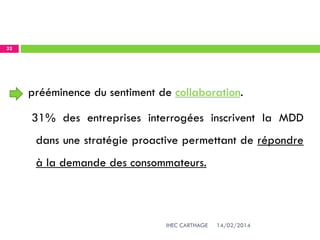14/02/2014IHEC CARTHAGE
32
prééminence du sentiment de collaboration.
31% des entreprises interrogées inscrivent la MDD
dans une stratégie proactive permettant de répondre
à la demande des consommateurs.
 