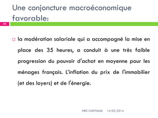 Une conjoncture macroéconomique
favorable:
14/02/2014IHEC CARTHAGE
34
 la modération salariale qui a accompagné la mise en
place des 35 heures, a conduit à une très faible
progression du pouvoir d'achat en moyenne pour les
ménages français. L’inflation du prix de l'immobilier
(et des loyers) et de l'énergie.
 