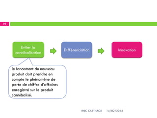 14/02/2014IHEC CARTHAGE
70
Différenciation
le lancement du nouveau
produit doit prendre en
compte le phénomène de
perte de chiffre d’affaires
enregistré sur le produit
cannibalisé.
 